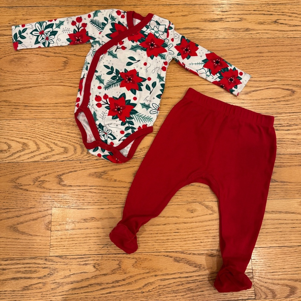 Honest 6-9 month 100% organic cotton Red and White Floral Bodysuit Set